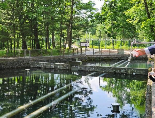 안명식 옌볜농심 법인장이 갓 솟아오른 내두천 물을 컵에 담고 있는 모습 사진홍승완 기자