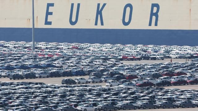 Vehicles waiting to be exported at Pyeongtaek Port Gyeonggi Province Yonhap