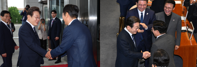 이재명 대통령이 26일 서울 여의도 국회에 도착해 영접 나온 정청래 더불어민주당 당 대표 후보왼쪽와 악수하고 있다 이후 국회 본회의장에 입장해 박찬대 당 대표 후보와 인사하고 있다 사진연합뉴스