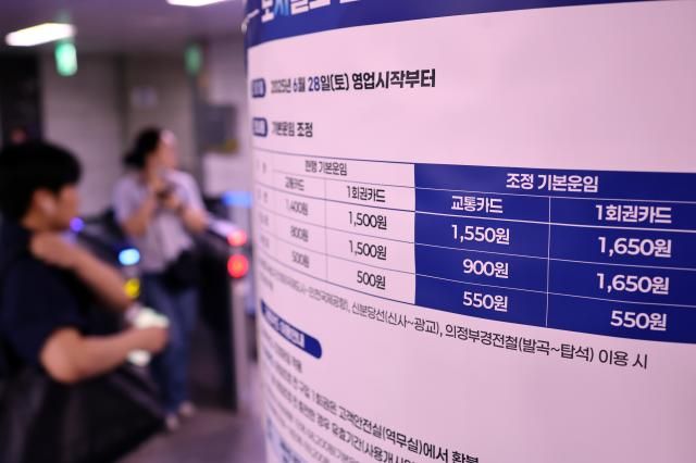 요금인상을 하루 앞둔 지난 27일 시청역 1호선에 운임조정 관련 안내문이 부착돼 있다 사진연합뉴스