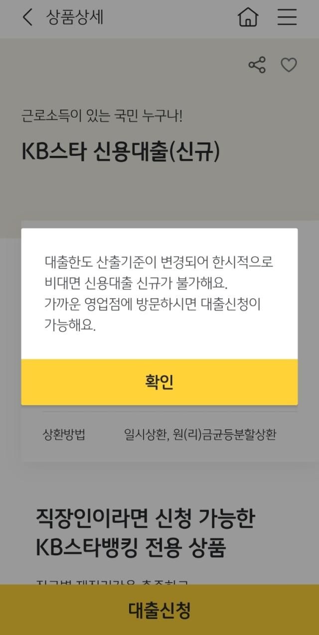 KB국민은행 앱 KB스타뱅킹에서 신용대출 신청이 중단된 모습 사진김수지 기자