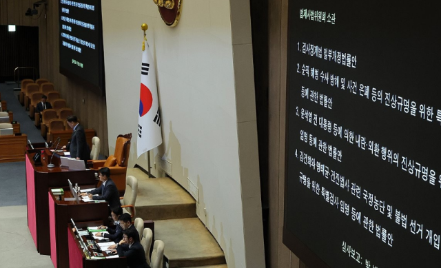 지난 5일 국회 본회의에서 내란 특검법과 김건희 여사 특검법 채해병 특검법 등 3대 특검법과 검사징계법이 상정되는 모습 사진연합뉴스