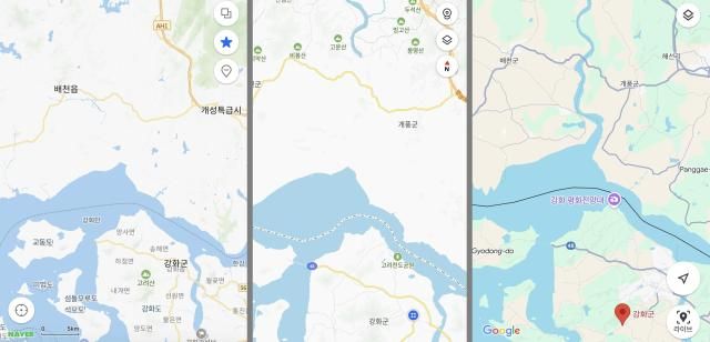 구글맵왼쪽에서 세번째에선 예성강 모습이 나타나지만 네이버지도왼쪽에서 첫번째와 카카오맵왼쪽에서 두번째에선 예성강 하류가 보이지 않는다 사진각 지도 서비스 캡처
