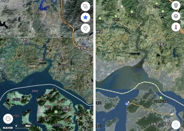 네이버 지도왼쪽에서 첫번째와 카카오맵왼쪽에서 두번째의 위성 지도 버전에선 예성강 표시가 나타나 있다 사진각 지도 서비스 캡처