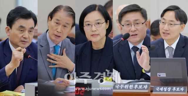 왼쪽부터 안규백 국방부 장관 후보자 권오을 국가보훈부 장관 후보자 한성숙 중소벤처기업부 장관 후보자 김성환 환경부 장관 후보자 임광현 국세청장 후보자 사진유대길 기자