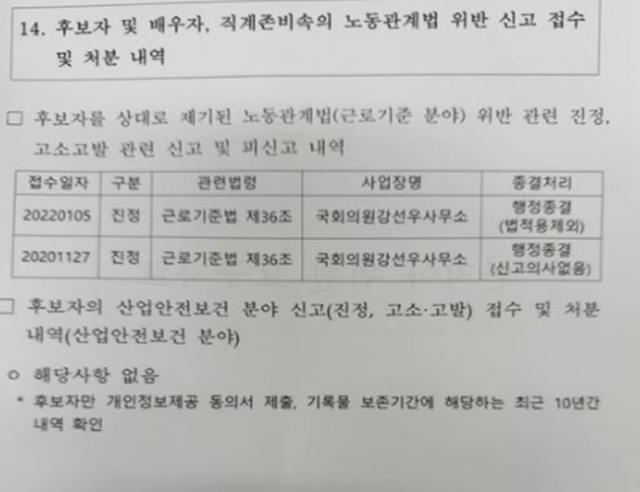 조은희 의원이 공개한 강선우 여성가족부 후보자 관련 고용노동부 자료 사진조은희 의원 SNS