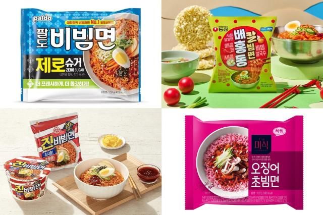 무더운 날씨가 계속되며 비빔면 시장의 경쟁이 치열해지고 있다 사진은 왼쪽 위부터 시계방향으로 팔도 팔도비빔면 농심 배홍동칼빔면 하림 더미식 오징어초빔면 오뚜기 진비빔면 사진각 사