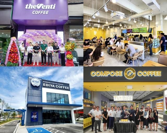해외 시장에 진출한 국내 저가 커피 프랜차이즈 왼쪽 위부터 시계방향으로 더벤티 베트남 호찌민 1호점 메가커피 울란바토르 1호점 컴포즈커피 싱가포르 1호점 이디야 쿠알라룸푸르점 사진각 사