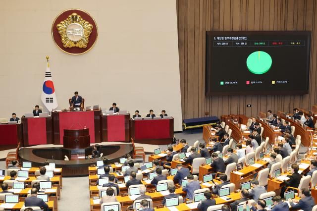 지난 3일 국회 본회의에서 계엄법 일부개정법률안이 통과되고 있다 사진연합뉴스