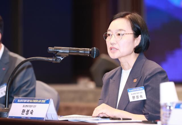 한성숙 중소벤처기업부 장관이 29일 서울 여의도 중소기업중앙회에서 열린 중소기업단체와의 간담회에 참석해 발언하고 있다 사진중소기업중앙회 