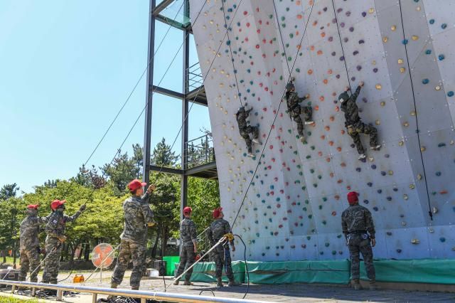 지난 29일 경북 포항에서 해병대캠프 참가자들이 산악전기초훈련암벽등반을 받고 있다 사진연합뉴스
