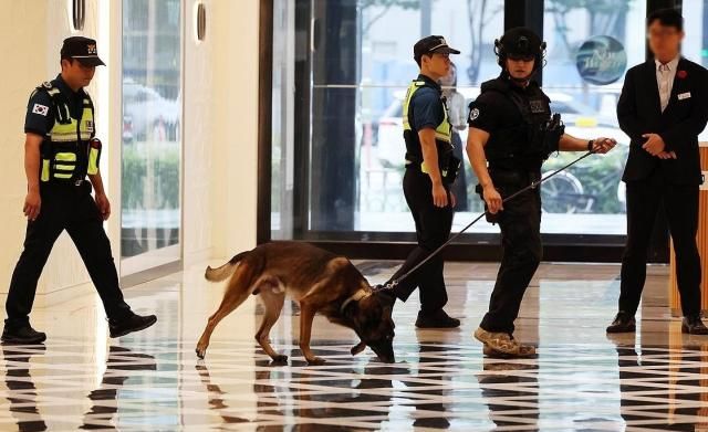 11일 광주 서구 한 백화점에서 경찰특공대 탐지견이 폭발물 탐색을 하고 있다 경찰에 따르면 이날 오전 9시 30분께 서구 롯데백화점에 폭탄을 설치하겠다는 신고가 접수돼 동구에 위치한 롯데백화점과 서구 신세계백화점에 경찰특공대를 투입했다 사진연합뉴스