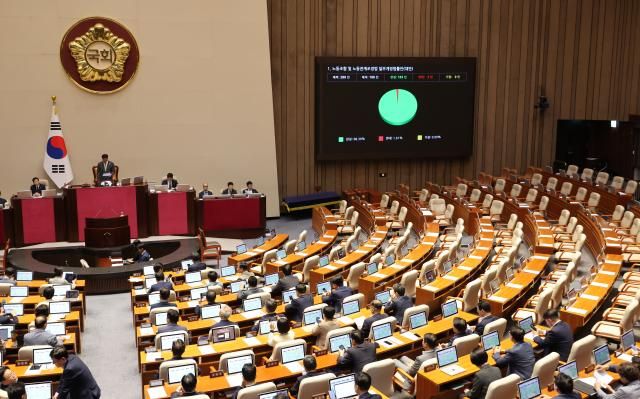 24일 국회 본회의에서 노동조합 및 노동관계조정법 일부개정법률안노란봉투법이 통과되고 있다 사진연합뉴스