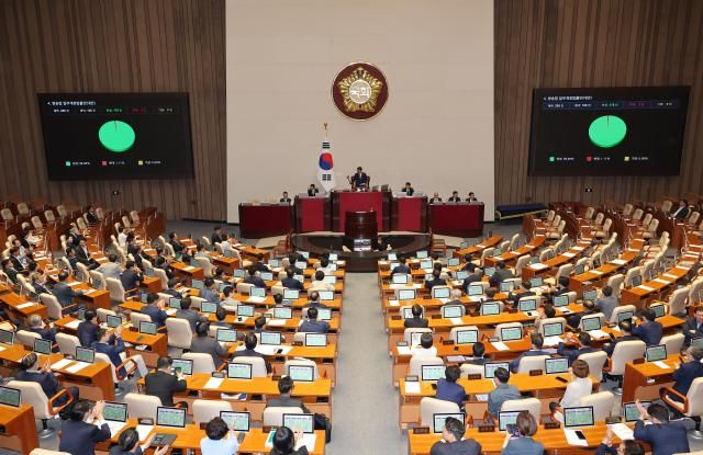 지난 5일 방송법 일부개정법률안 본회의 통과 당시 국회 모습 사진연합뉴스