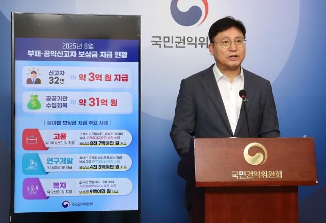국민권익위원회 김응태 심사보호국장이 26일 정부세종청사 권익위 브리핑실에서 2025년 8월 국민권익위원회 보상금 지급 실적에 관해 설명하고 있다 사진연합뉴스