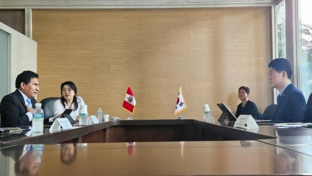 노용석 중소벤처기업부 차관오른쪽이 27일 서울청사에서 페루 생산부 차관 및 수행단과 면담하고 있다 