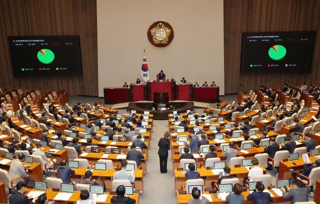 지난달 23일 국회 본회의에서 농어업재해보험법 일부개정법률안이 통과되고 있다 사진연합뉴스