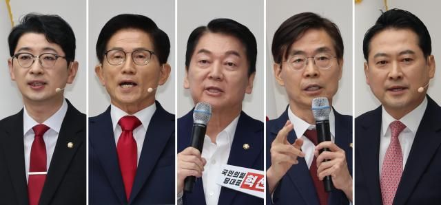 국민의힘 주진우왼쪽부터·김문수·안철수·조경태·장동혁 당 대표 후보가 3일 서울 여의도 국민의힘 당사에서 열린 제6차 전당대회 후보자 비전대회에서 정견을 발표하고 있다 사진연합뉴스