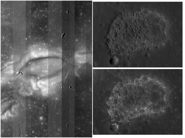 다누리가 고해상도카메라로 촬영한 자기이상지역 라이너감마왼쪽과 표면 특이 지형오른쪽 위 아래의 모습 사진우주항공청