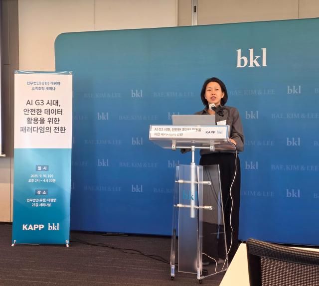 이수화 법무법인 태평양 변호사가 10일 서울 종로구 법무법인 태평양에서 열린 AI G3 시대 안전한 데이터 활용을 위한 패러다임의 전환 세미나에서 발제하고 있다 사진박용준 기자