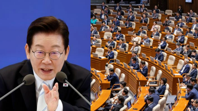 왼쪽 이재명 대통령 오른쪽 송언석 국민의힘 원내대표의 연설이 있던 10일 국회 본회의 현장 사진연합뉴스