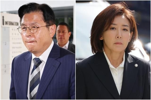 자유와혁신 황교안 대표왼쪽와 국민의힘 나경원 의원이 15일 서울 양천구 서울남부지방법원에서 열린 국회 패스트트랙신속처리안건 충돌 사건 1심 결심 공판에 출석하고 있다 사진연합뉴스