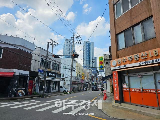 성수1지구 재개발 지역 모습 멀리 보이는 서울숲 트리마제 사진이용우 기자