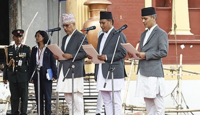 취임 선서하는 신임 네팔 장관 3명 사진연합뉴스