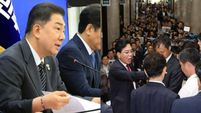 왼쪽부터 김병기 더불어민주당 원내대표가 3일 국회에서 기자회견을 하고 있다 송언석 국민의힘 원내대표가 같은 날 국회의장실 앞에서 항의를 하고 있다 사진연합뉴스