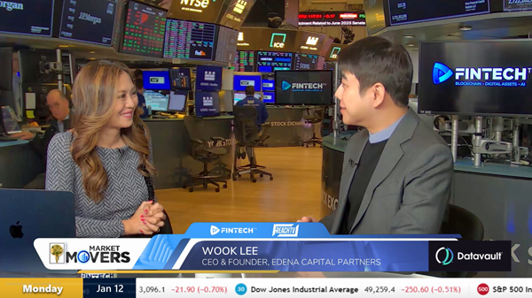 이욱 EDENA 대표가 지난 12일 뉴욕증권거래소 현장에서 글로벌 금융 전문 미디어 Fintech.TV와 생방송 인터뷰로 회사의 비전과 향후 계획을 공개했다. [사진=EDENA 제공]