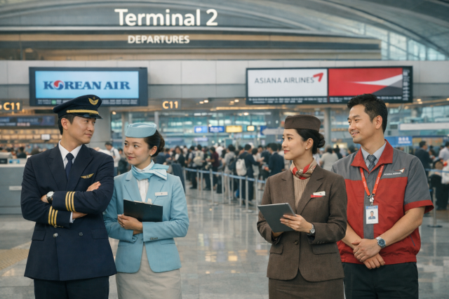 인천국제공항 제2여객터미널 내 대한항공 아시아나항공 승무원 이미지사진쳇GPT 생성 