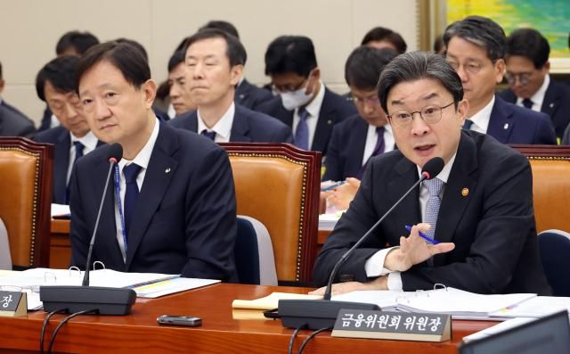 이억원 금융위원장오른쪽이 22일 국회에서 열린 정무위원회 국정감사에서 위원 질문에 답하고 있다 왼쪽은 이찬진 금융감독원장 사진연합뉴스