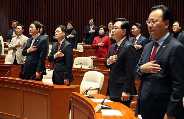 장동혁 국민의힘 대표와 송언석 원내대표를 비롯한 참석 의원들이 24일 국회에서 열린 의원총회에서 국기에 경례하고 있다 사진연합뉴스