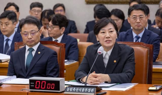 송미령 농림축산식품부 장관이 11일 국회에서 열린 농해수위 전체 회의에 출석해 의원 질의에 답하고 있다 