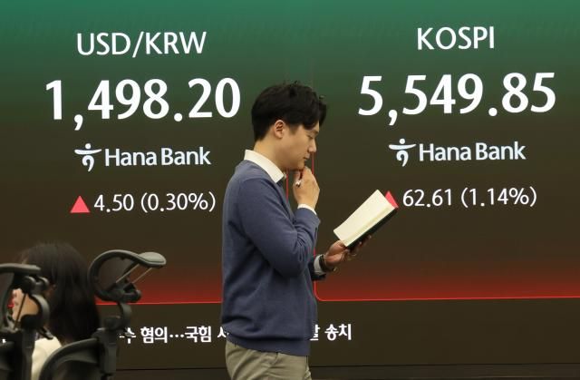 16일 서울 중구 하나은행 딜링룸 전광판에 환율과 코스피가 표시돼있다 사진연합뉴스