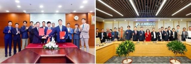 이건구 현대HT 대표이사가 베트남 부동산 개발기업 GELEXIMCO GROUP 관계자들 좌측 사진 및 FLAMINGO HOLDINGS 관계자들 우측 사진과 양해각서 체결 후 기념촬영을 하고 있다 사진현대에이치티 제공