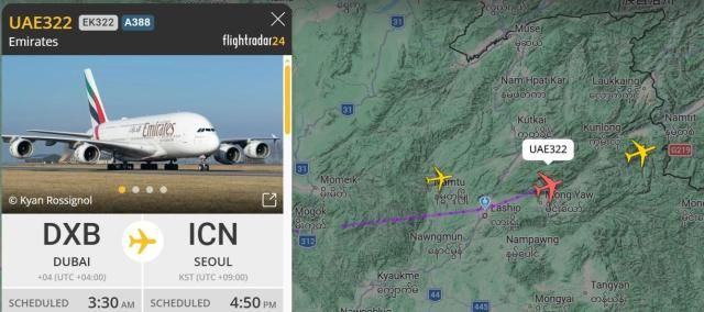 8일 아랍에미레트UAE 두바이에서 인천으로 향하고 있는 에미레이트항공 EK0322편 모습 사진항로추적 사이트 플라이트레이더24