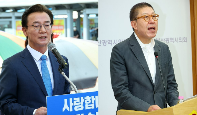 지난달 27일 전재수 더불어민주당 부산시장 후보왼쪽는 자신의 정치적 고향인 북구 구포시장을 찾아 시민들에게 감사 인사를 했다 박형준 부산시장은 이날 오후 부산 시의회에서 출마선언을 하고 르노자동차 공장을 찾았다 사진연합뉴스