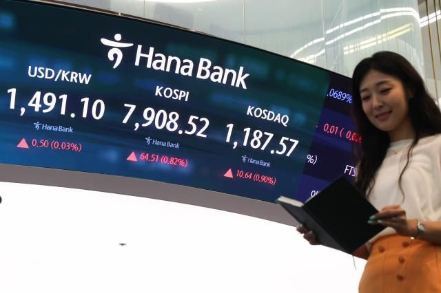 14일 서울 중구 하나은행 본점 딜링룸 현황판에 원달러 환율 코스피 코스닥 지수가 표시돼 있다 이날 코스피는 전 거래일 대비2990p038 오른 787391으로 코스닥 지수는 전장보다 1009p086 오른 118702로 출발했다 원달러 환율은 전날보다 08원 내린 14898원에 개장했다 사진연합뉴스