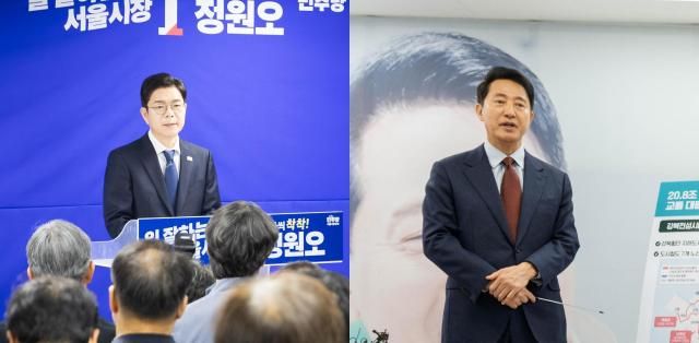 10일 서울 소공동 선거사무실에서 열린 착착캠프 정책자문단 2차 출범식에서 발언하고 있는 정원오 더불어민주당 서울시장 후보왼쪽와 같은 날 오전 관철동 선거사무실에서 교통 공약을 발표 중인 오세훈 국민의힘 서울시장 후보 사진각 후보 선거사무소