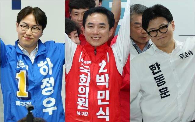 6·3 국회의원 재보궐선거에서 부산 북갑에 출마하는 하정우 더불어민주당 후보왼쪽부터 박민식 국민의힘 후보 한동훈 무소속 후보 사진연합뉴스