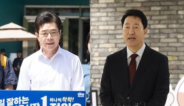 18일 서울 중구 서울시청 앞에서 청년 주택 공약을 발표하고 있는 정원오 더불어민주당 서울시장 후보왼쪽·같은 날 서울 문래동 청년취업사관학교 영등포캠퍼스에서 간담회를 하고 있는 오세훈 국민의힘 서울시장 후보 사진각 후보 선거사무소