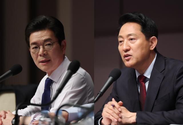서울시장에 출마한 정원오 더불어민주당 후보왼쪽와 오세훈 국민의힘 후보가 20일 오전 서울 중구 한국프레스센터에서 열린 관훈토론회에서 질문에 답하고 있다 사진연합뉴스