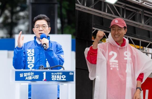 6·3 지방선거 공식 선거운동 시작일인 21일 서울 성동구 왕십리광장에서 열린 출정식에서 발언하고 있는 정원오 더불어민주당 서울시장 후보왼쪽와 서울 강북구 삼양사거리에서 열린 첫 유세에서 지지를 호소하고 있는 오세훈 국민의힘 서울시장 후보 사진각 후보 캠프