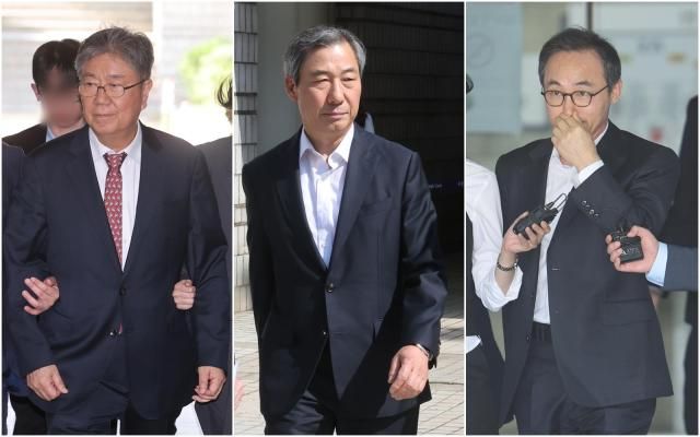 윤석열 정부 관저 이전 과정에서 예산을 불법 전용한 혐의를 받는 전직 대통령실 고위 관계자들의 구속 여부를 결정할 법원 심사가 22일 잇따라 열렸다 사진은 이날 서울 서초구 서울중앙지법에서 열린 구속 전 피의자 심문영장실질심사에 출석하는 김대기 전 대통령 비서실장맨 왼쪽과 영장실질심사를 마치고 나오는 윤재순 전 총무비서관가운데 김오진 전 관리비서관의 모습 사진연합뉴스