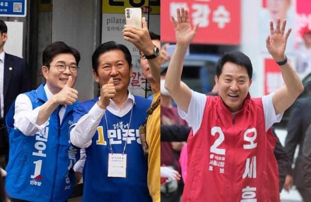26일 서울 영등포구 여의도역 앞에서 정원오 더불어민주장 서울시장 후보왼쪽 사진 왼쪽와 같은 날 마포구 망원시장에서 유세 중인 오세훈 국민의힘 후보 사진각 후보 캠프