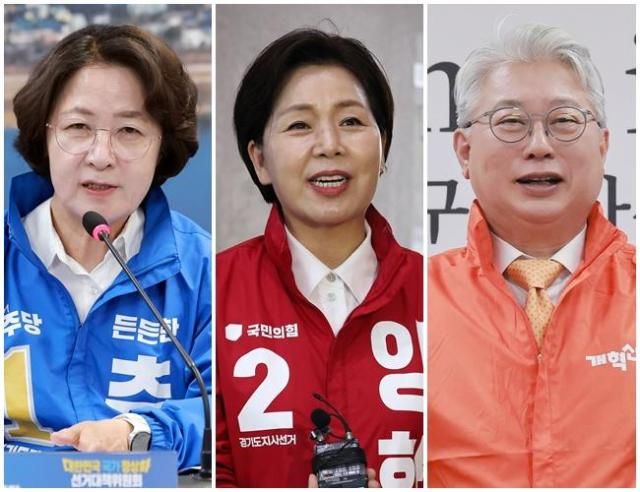 왼쪽부터 경기지사에 출마한 추미애 더불어민주당 후보 양향자 국민의힘 후보 조응천 개혁신당 후보 사진연합뉴스
