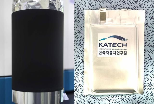 이온 흡착형 바인더가 적용된 LMFP리튬인산망간철 전극 시제품좌측과 3Ah급 전지 셀우측사진한자연