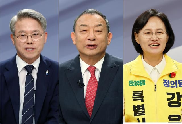28일 광주 서구 KBS광주방송총국 공개홀에서 열린 전남광주통합특별시장 선거 후보자 초청 토론회에서 더불어민주당 민형배왼쪽부터 국민의힘 이정현 정의당 강은미 후보가 발언하고 있다 사진연합뉴스