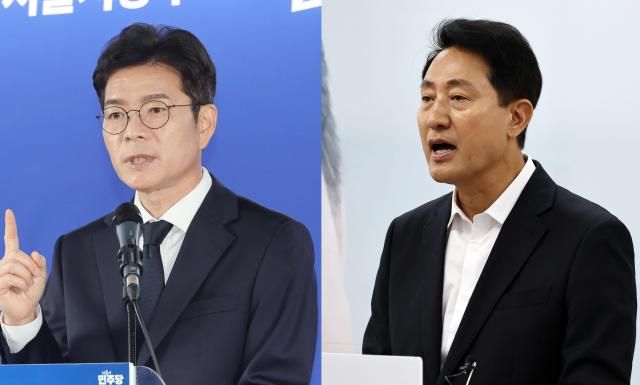 28일 기자간담회를 하고 있는 정원오 더불어민주당 서울시장 후보왼쪽·오세훈 국민의힘 서울시장 후보 사진연합뉴스